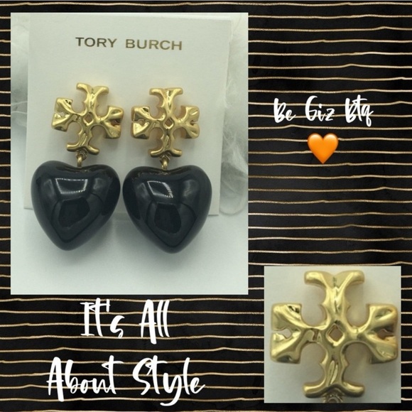🆕 Tory Burch Authentic Roxanne Gold-Tone & Resin Heart Earrings In Black